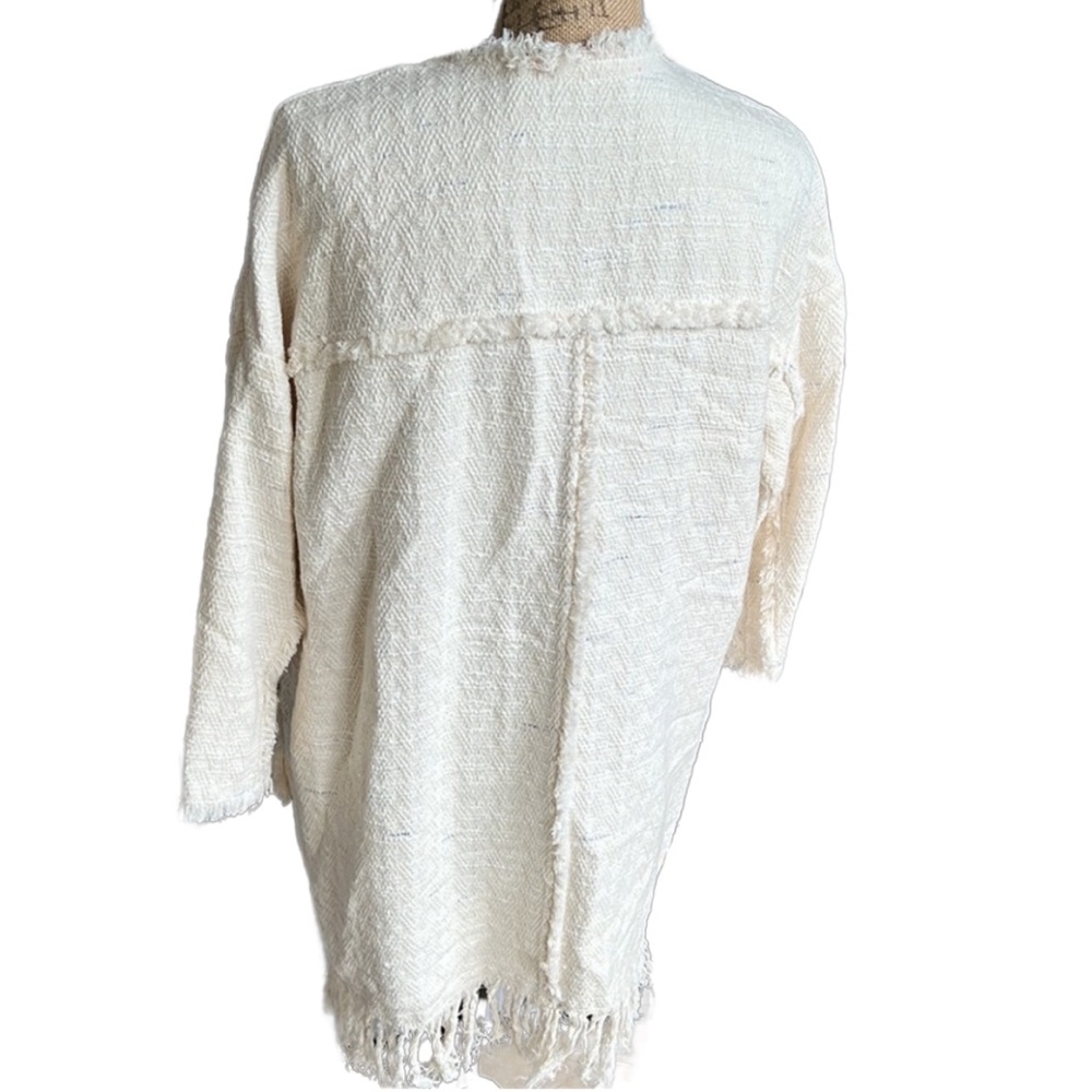 Vilagallo Open Front Cotton Woven Jacket with Fringe, Off White - Picture 4 of 8